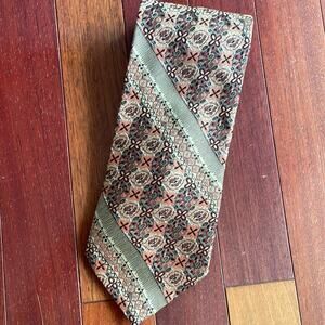 Kieselstein-Cord 100% Silk Tie Italian 60”x3.75 Green Tan Victorian Regal Pin